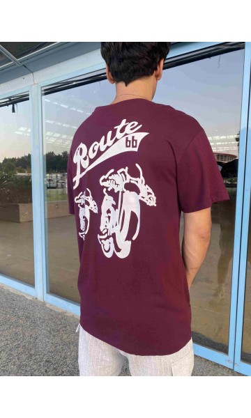 Bordo Reclaimed Route 66 Oversize Kadın Erkek Tişört