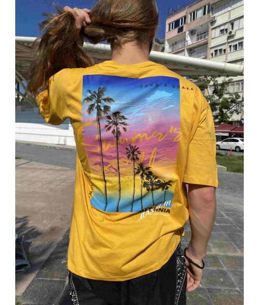 Sarı Paradise Palm California Baskılı Oversize Erkek Kadın Tişört