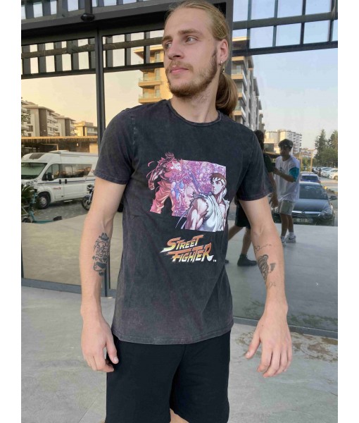 Siyah Yıkamalı Street Fighter Regular Fit Erkek Kadın Tişört